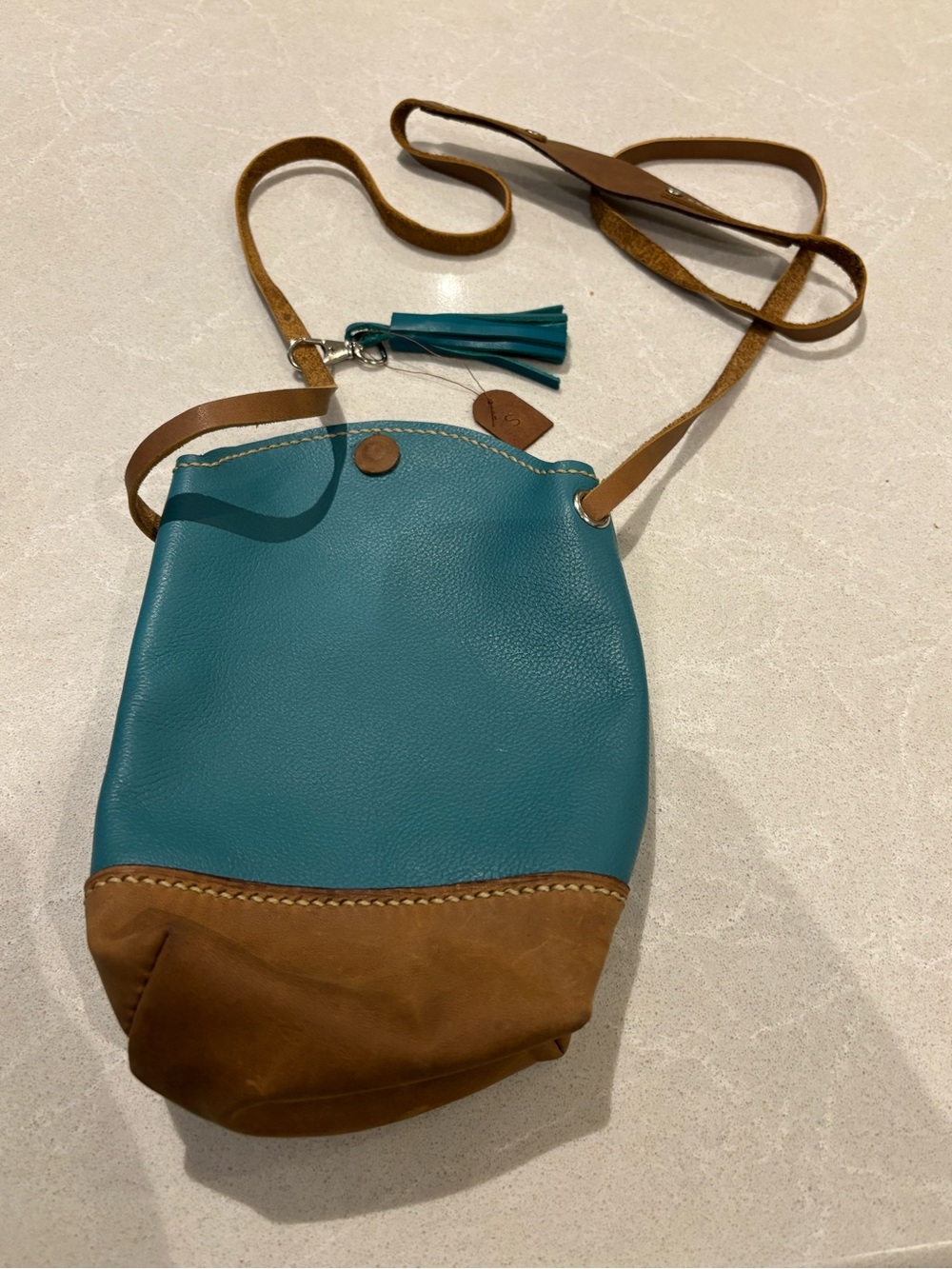 Artisan Handmade Teal & Saddle Leather Bucket Crossbody Bag Curved Top Initial S